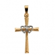 14K Yellow White Gold Two Tone Cross Pendant With Double Hearts