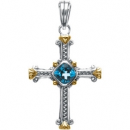 Picture of Sterling Silver & 14k Yellow Gold Genuine Swiss Blue Topaz Cross Pendant