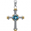 Sterling Silver & 14k Yellow Gold Genuine Swiss Blue Topaz Cross Pendant