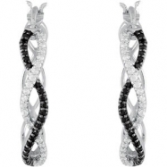 Picture of Sterling Silver Pair Genuine Black Spinel & Diamond Hoop Earrings